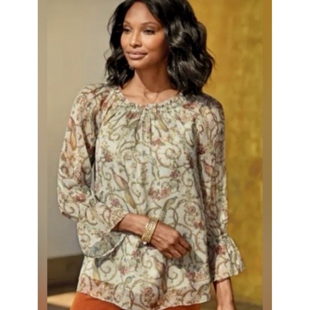 Romantic Soft Surroundings Blouse Sz 2X Floral & Pheasant Sheer Sleeves Boho EUC